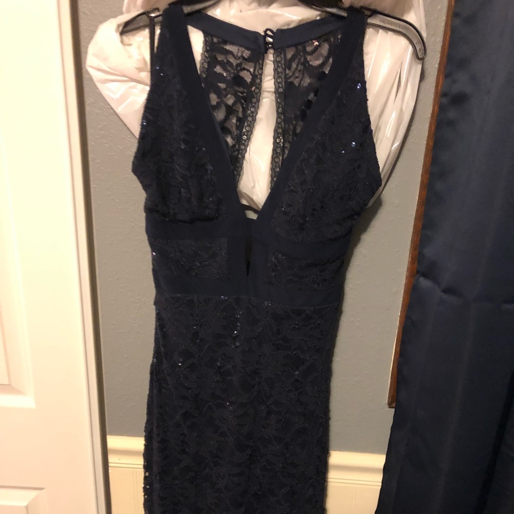 Navy lace and sequin plunge formal dress